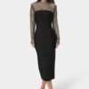 Long Sleeve Bandage Midi Dress with Crystal Mesh Combo