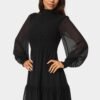 Long Sleeve Mock Neck Chifon Smocked Mini Dress