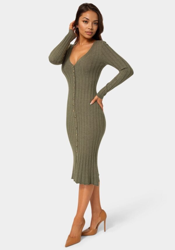 bebe2165_olive_2_ea5872ee-d83d-4c21-bbbc-796bba7e124c Button Front V-Neck Sweater Midi Dress