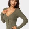 bebe2165_olive_4_288c19d7-f996-482d-9132-f0adc5f9ef9e Button Front V-Neck Sweater Midi Dress